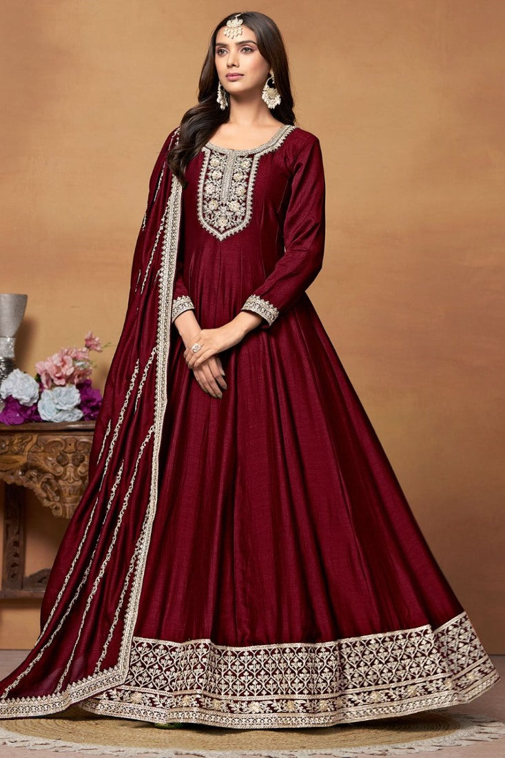 Maroon Art Silk Anarkali Suit With Embroidery Work