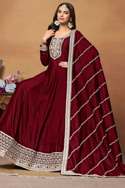 Maroon Art Silk Anarkali Suit With Embroidery Work