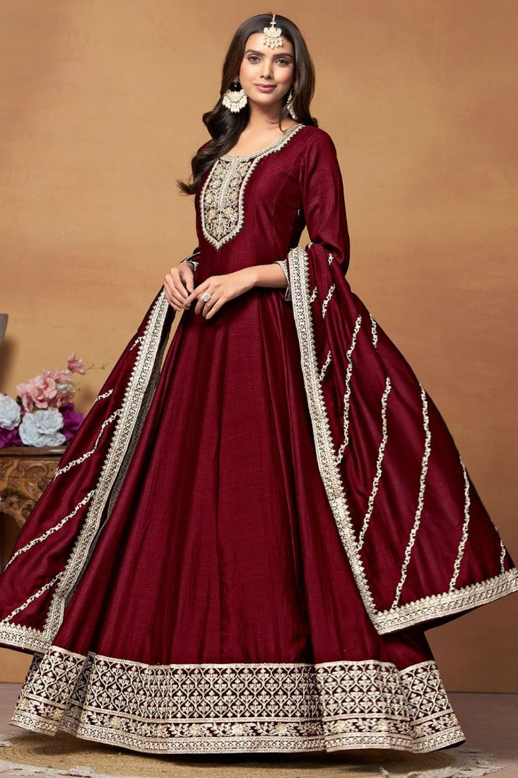 Maroon Art Silk Anarkali Suit With Embroidery Work