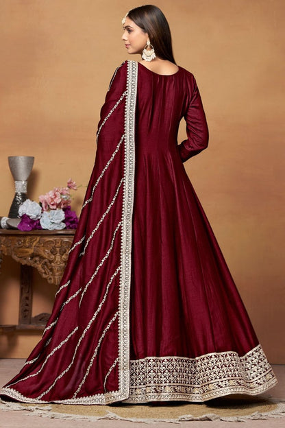 Maroon Art Silk Anarkali Suit With Embroidery Work