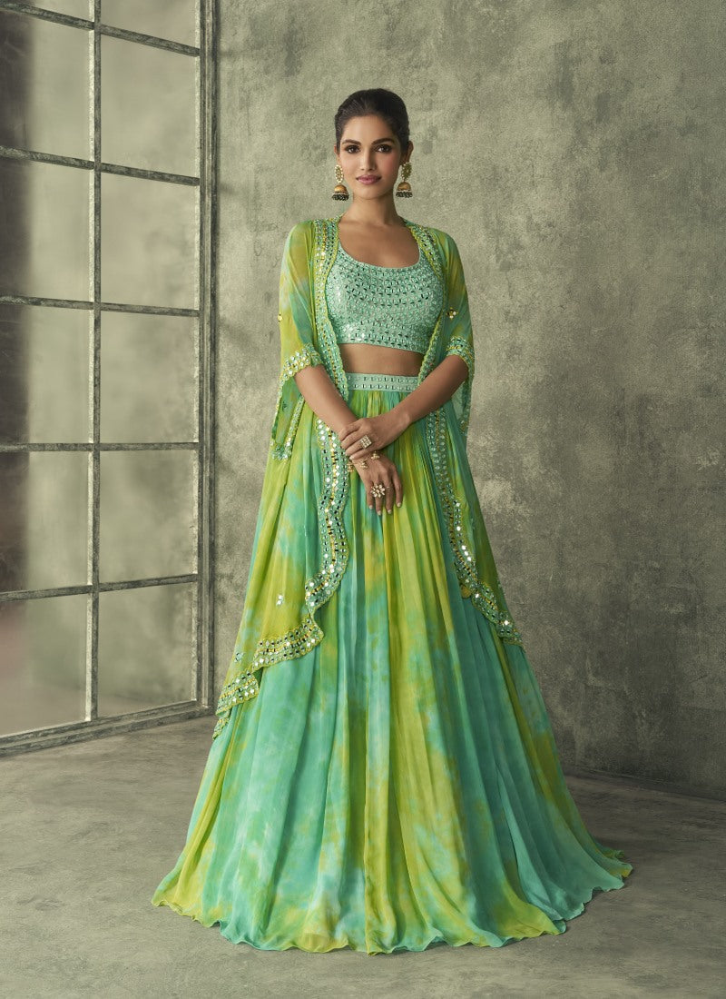 Green Jacket Style Lehenga Choli With Embroidery Work