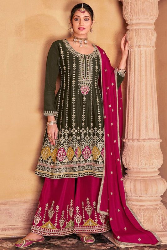 Olive Green Palazzo Salwar Suit With Heavy Embroidery Work