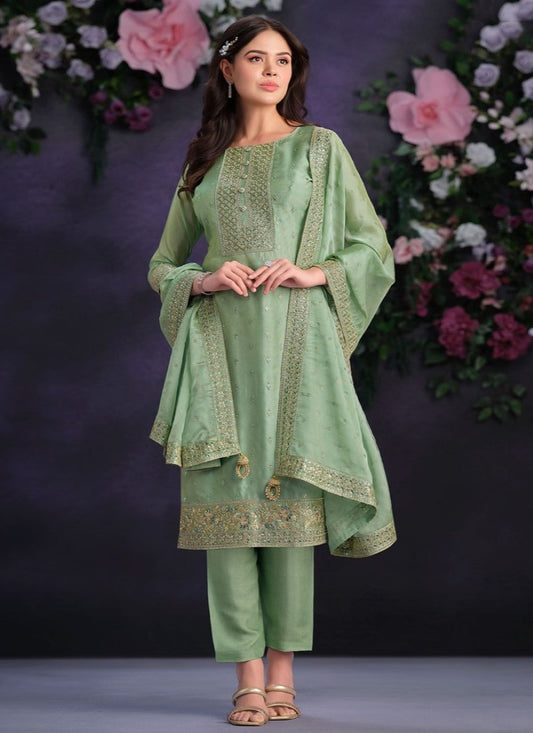 Pista Green Pant Style Salwar Suit with Thread and Sequins Work