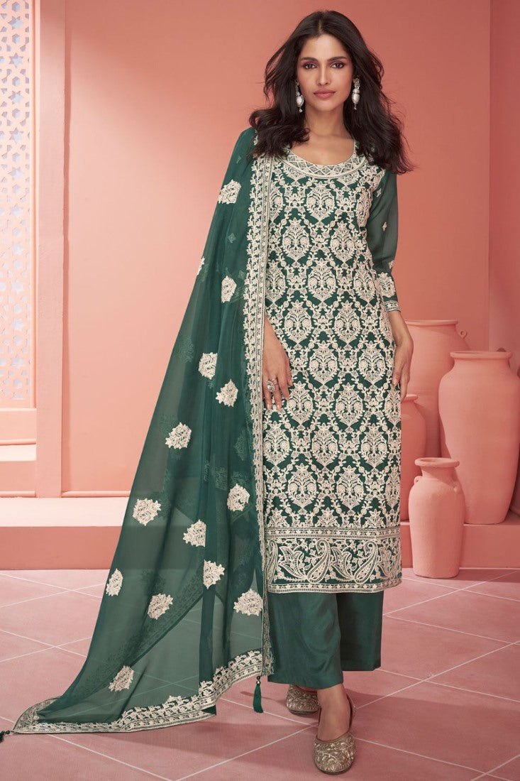 Green Silk Long Straight Cut Palazzo Suit