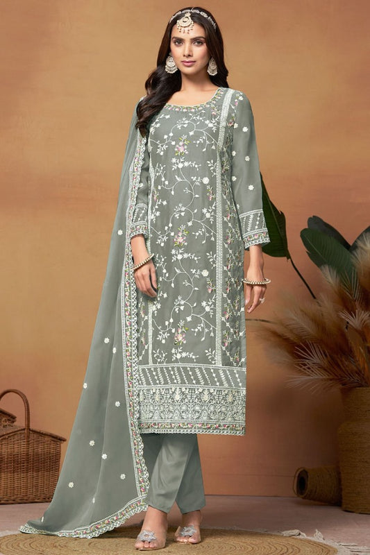 Gray Organza Pant Style Salwar Suit With Embroidery Work
