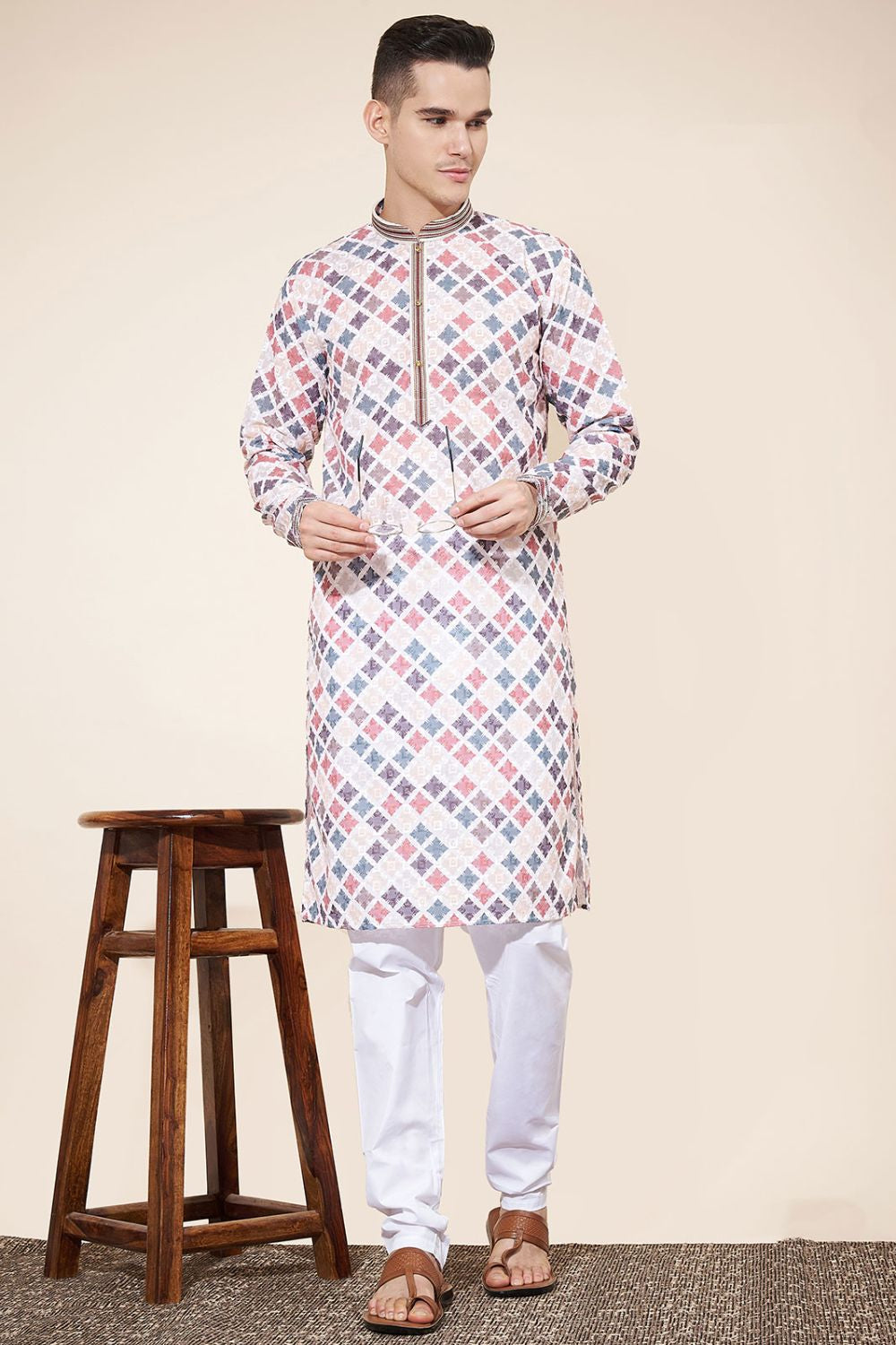 Multi Color Cotton Printed Kurta Pajama With Lucknowi, Sequins and Thread Work