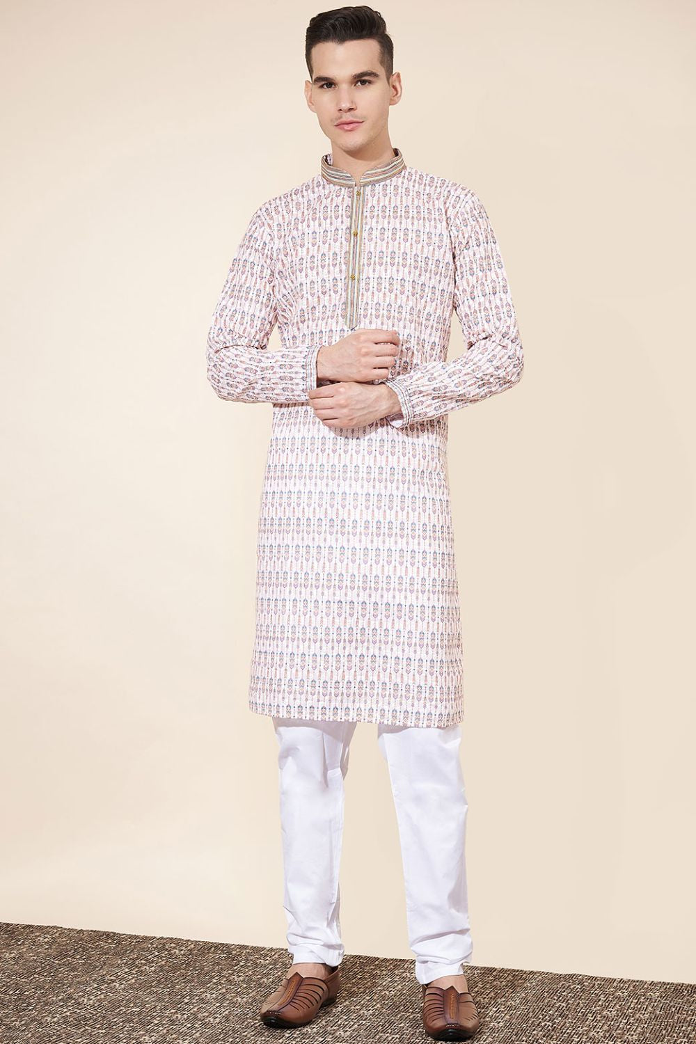 Multi Color Cotton Printed Kurta Pajama With Lucknowi, Sequins and Thread Work