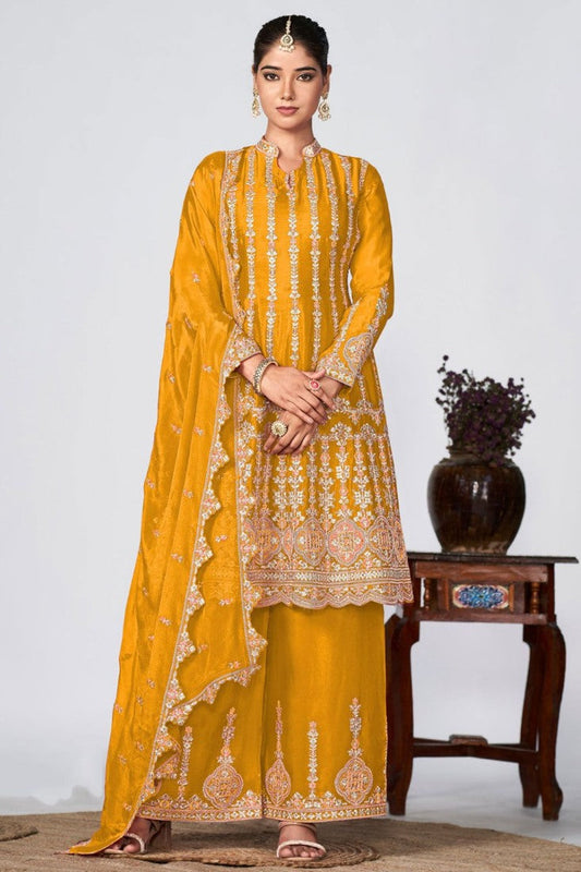 Yellow Chinon Embroidered Palazzo Suit