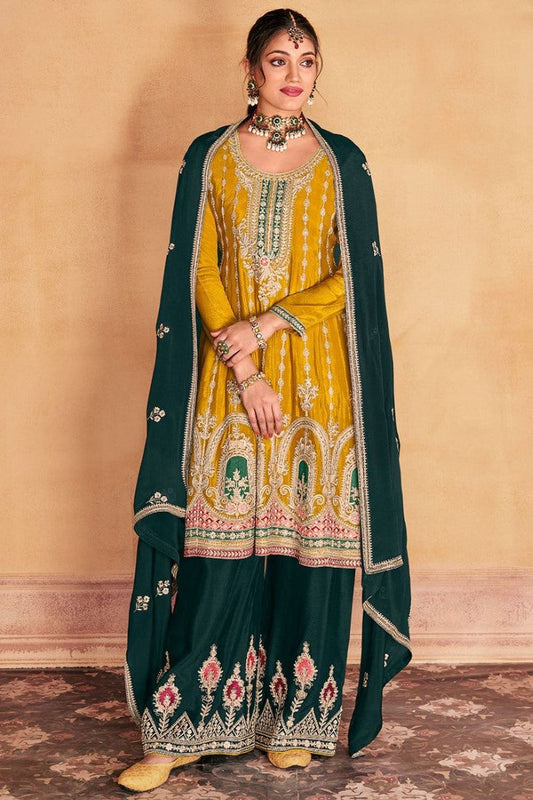 Yellow Palazzo Salwar Suit With Heavy Embroidery Work