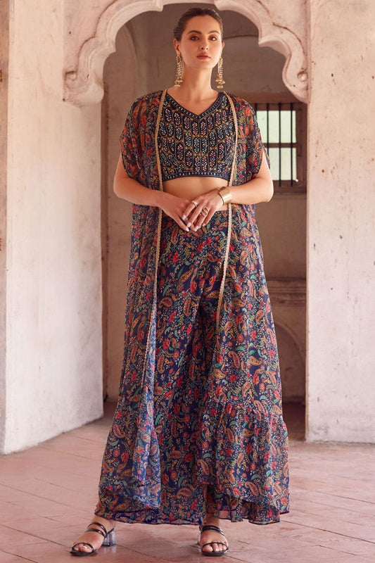 Navy Blue Georgette Indo Western With Palazzo Pant
