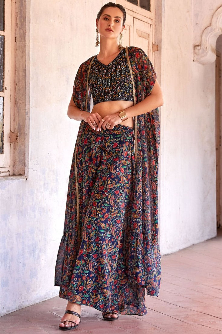 Navy Blue Georgette Indo Western With Palazzo Pant