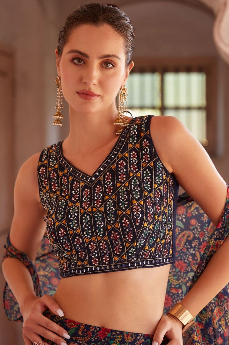 Navy Blue Georgette Indo Western With Palazzo Pant