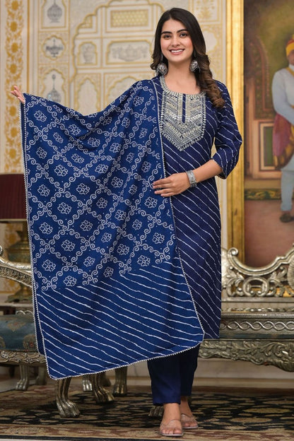 Navy Blue Cotton Leheriya Salwar Kameez Dress