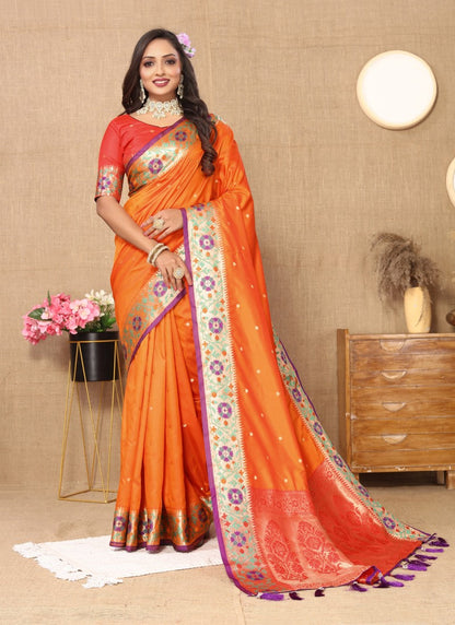 Orange Paithani Silk Saree With Zari Work