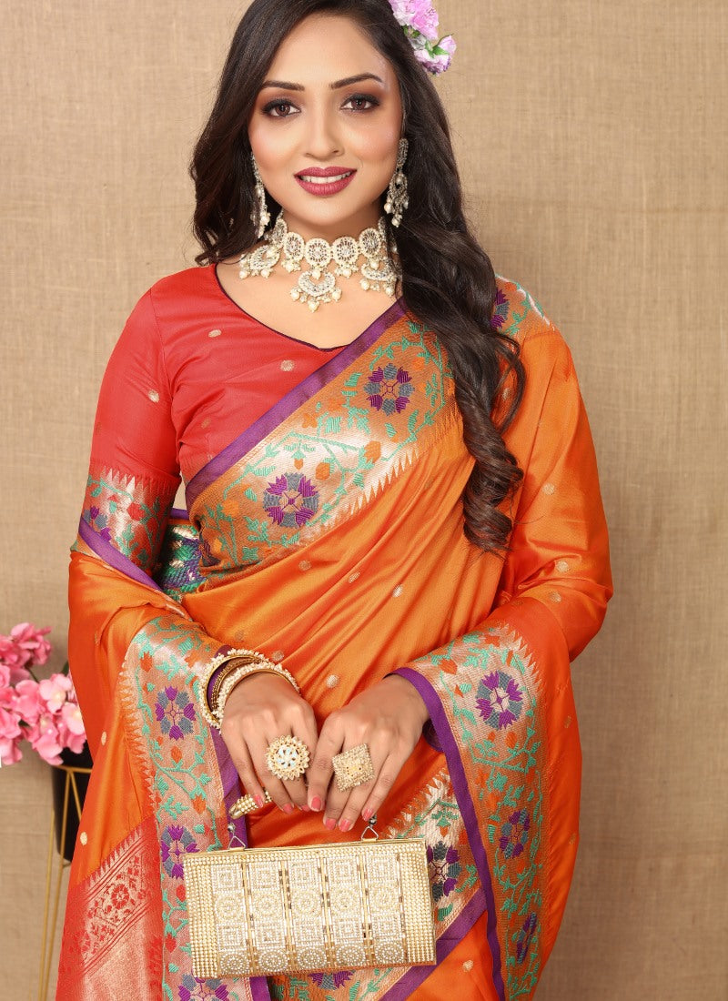 Orange Paithani Silk Saree With Zari Work