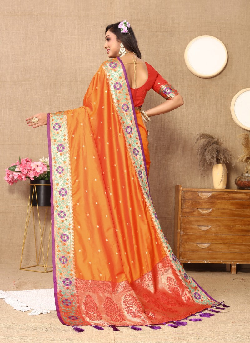 Orange Paithani Silk Saree With Zari Work