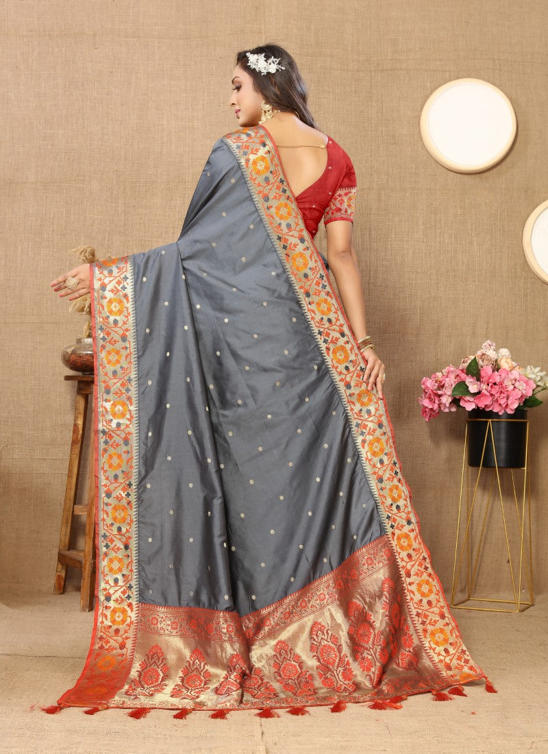 Grey Paithani Silk Saree With Zari Work