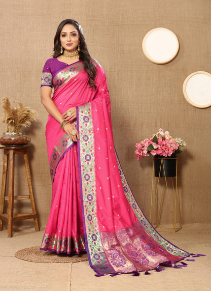 Pink Paithani Silk Saree With Zari Work