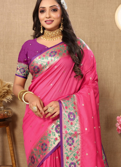 Pink Paithani Silk Saree With Zari Work