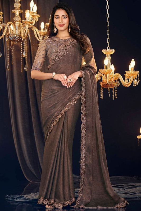 Brown Georgette Designer Saree with Embroidery Work