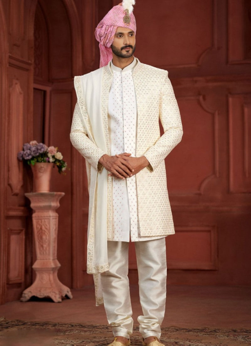 White Silk Wedding Sherwani With Embroidered Thread, Sequence and Heavy Handwork Work