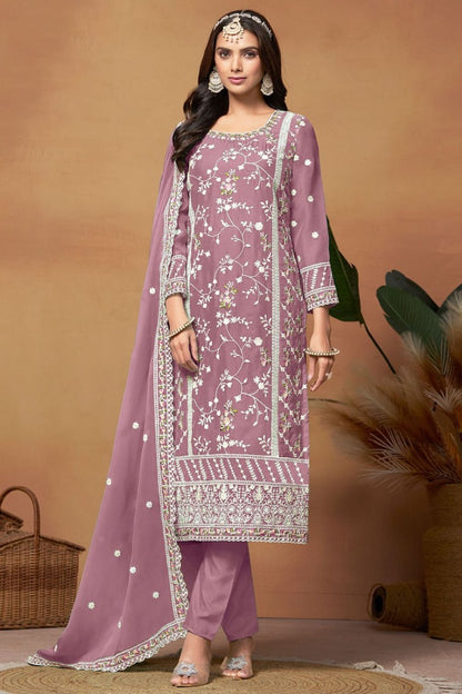 Lavender Organza Pant Style Salwar Suit With Embroidery Work