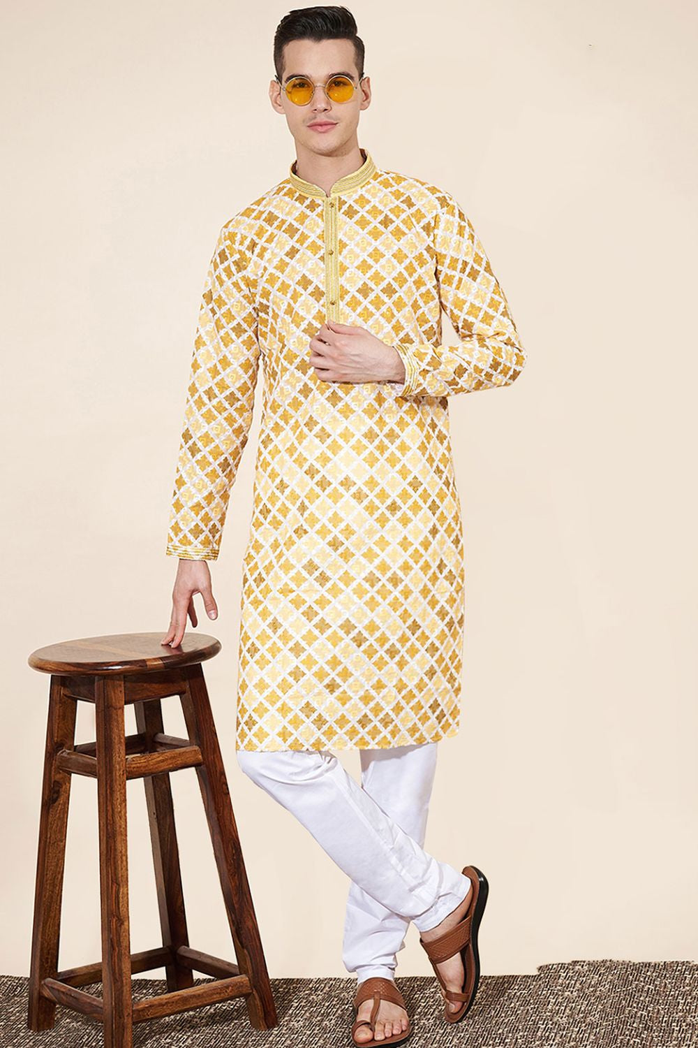 Yellow Cotton Printed Kurta Pajama With Lucknowi, Sequins and Thread Work