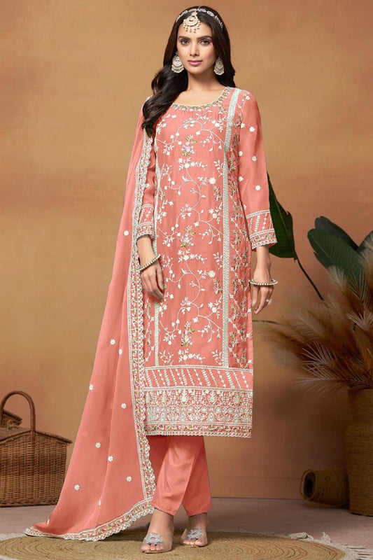 Peach Organza Pant Style Salwar Suit With Embroidery Work