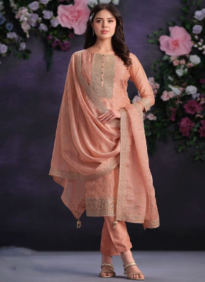 Peach Pant Style Salwar Suit with Thread and Sequins Work