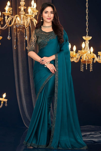 Teal Blue Georgette Designer Saree with Embroidery Work