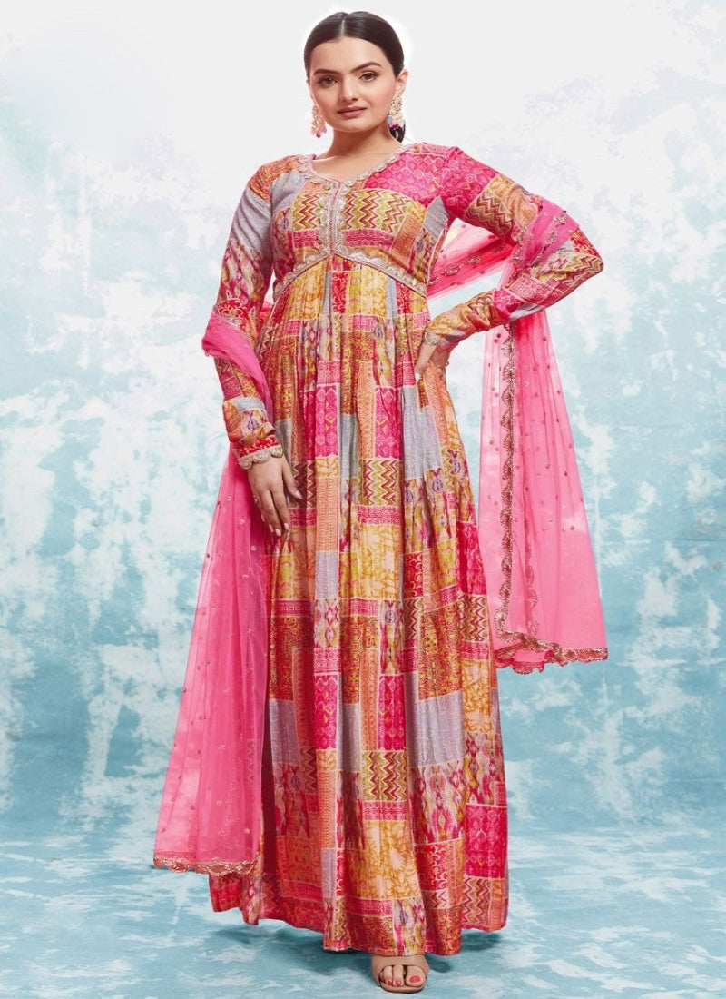 Pink Georgette Printed Anarkali Suit