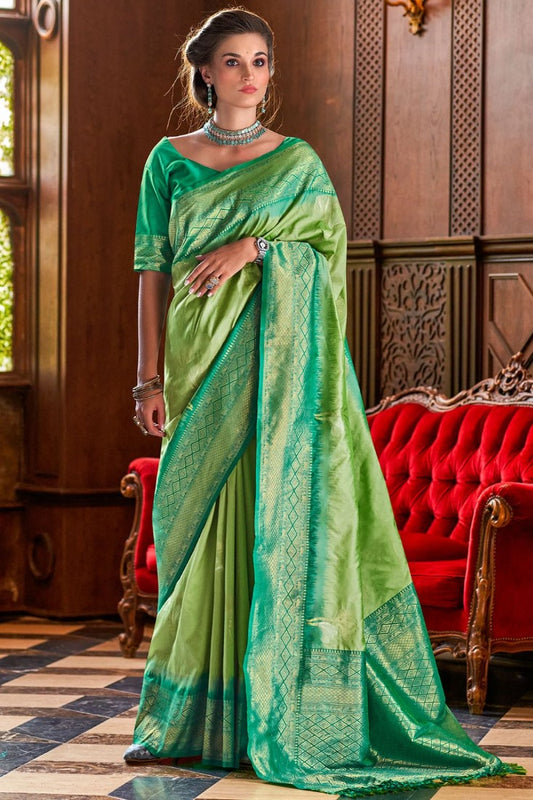 Pista Green Pure Silk With Zari Woven Butta & Contrast Border Pallu