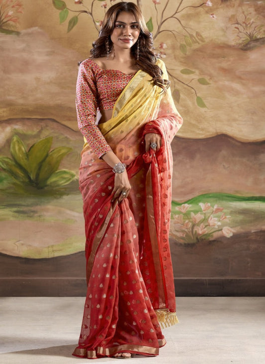 Red Georgette Shaded Saree With Banarasi Butta