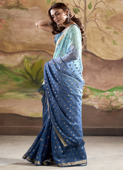 Blue Georgette Shaded Saree With Banarasi Butta