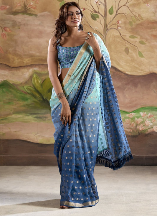 Blue Georgette Shaded Saree With Banarasi Butta