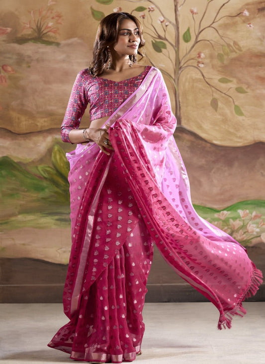 Pink Georgette Shaded Saree With Banarasi Butta