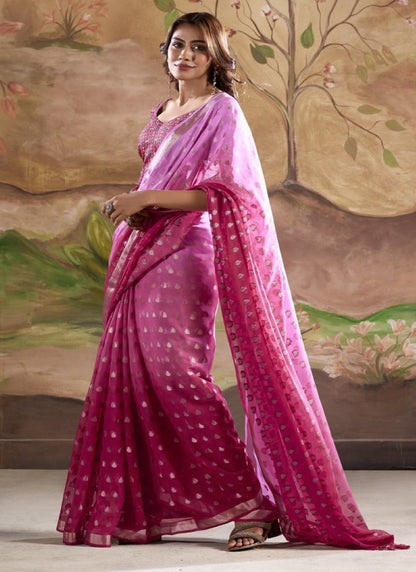 Pink Georgette Shaded Saree With Banarasi Butta