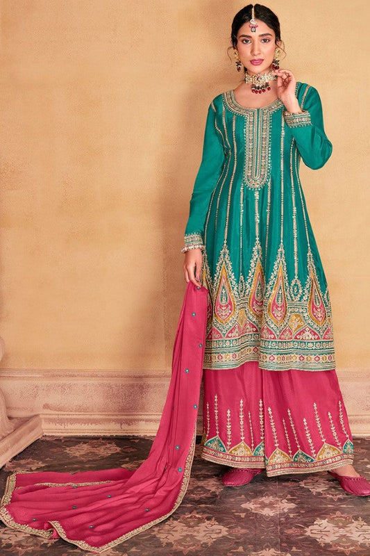 Sea Green Palazzo Salwar Suit With Heavy Embroidery Work