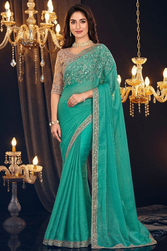 Sea Green Georgette Designer Saree with Embroidery Work