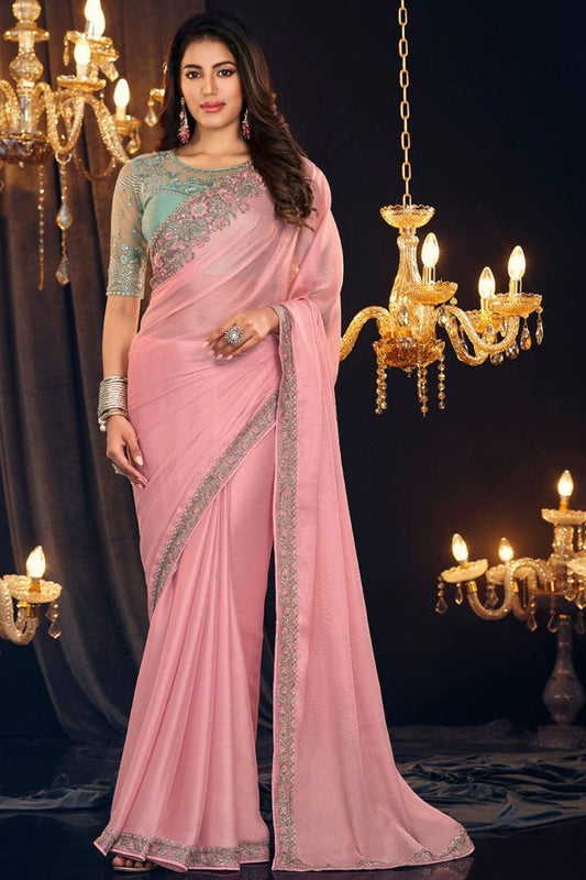 Pink Georgette Designer Saree with Embroidery Work