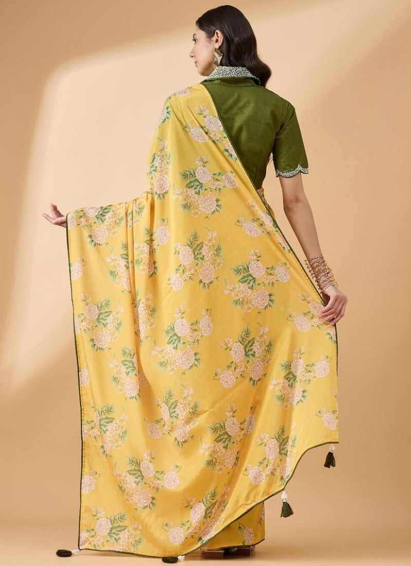 Yellow Flower Print Saree With Collar Blouse