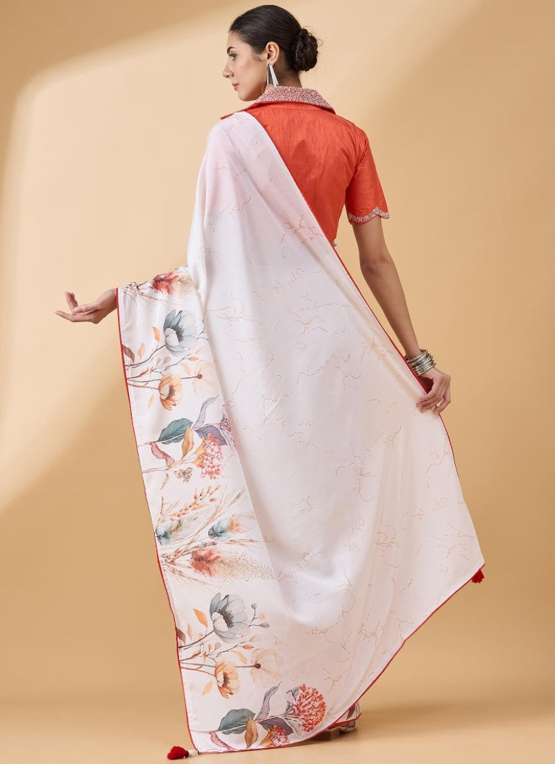 White Flower Print Saree With Collar Blouse