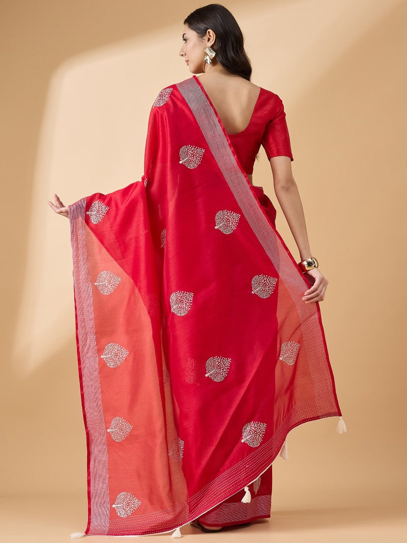 Red Cotton Saree With Embroidery and Thread Work