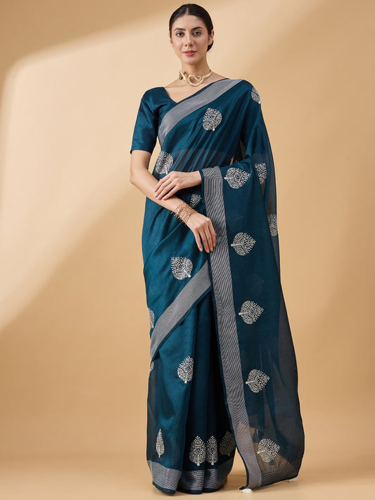 Teal Blue Cotton Saree With Embroidery and Thread Work