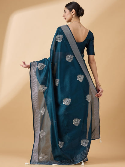 Teal Blue Cotton Saree With Embroidery and Thread Work