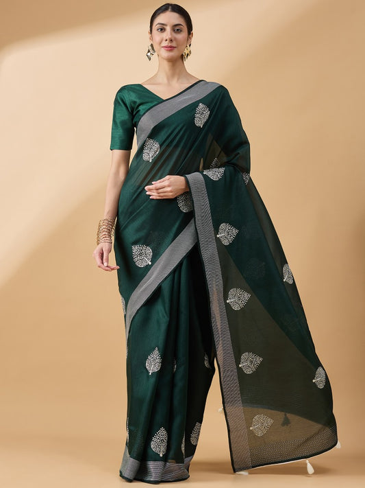 Green Cotton Saree With Embroidery and Thread Work