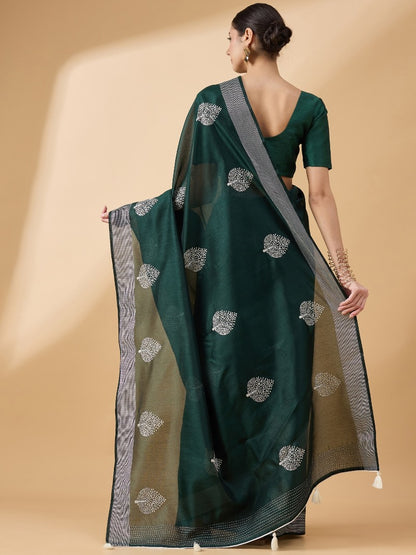 Green Cotton Saree With Embroidery and Thread Work