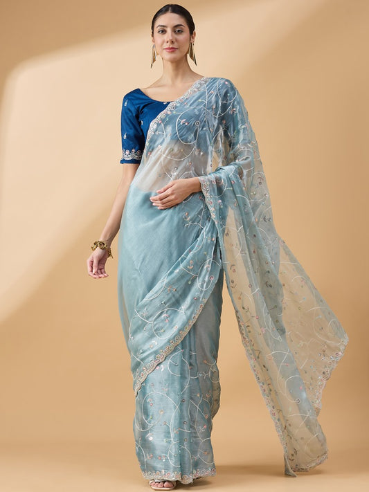 Sky Blue Organza Saree With Embroidery and Sequins Work