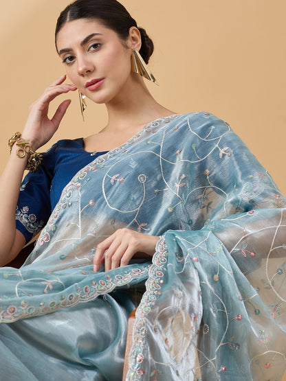 Sky Blue Organza Saree With Embroidery and Sequins Work