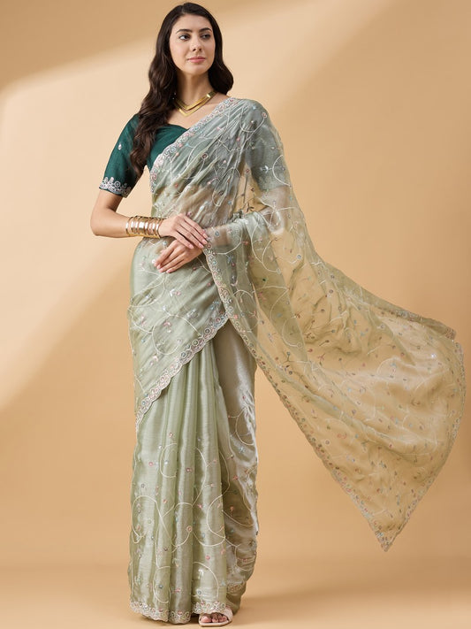 Light Green Organza Saree With Embroidery and Sequins Work